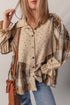 Boho Patchwork Plaid Waffle Knit Ruffled Sleeve Shackets